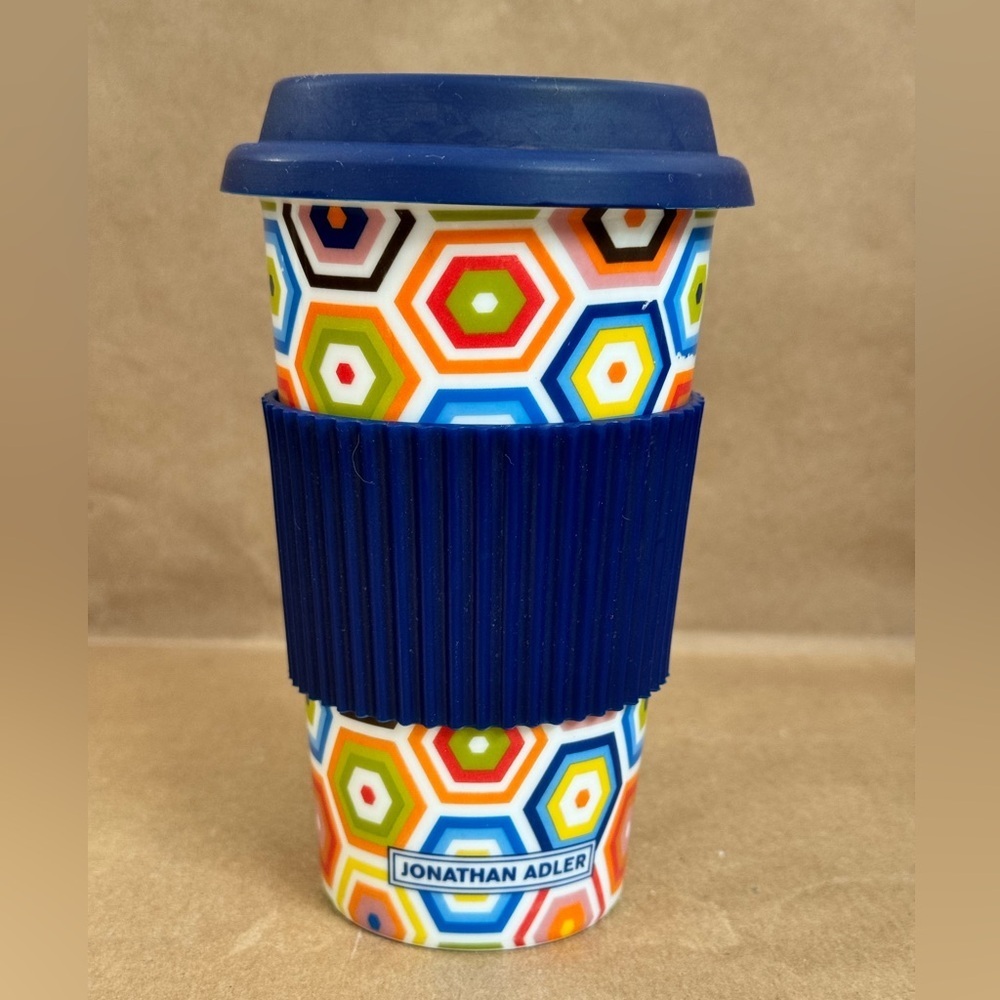 Jonathan Adler Geometric Ceramic Travel Coffee Mug. 12oz